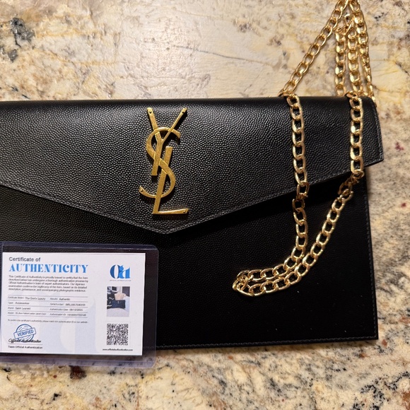 NEW YSL Black Leather Clutch w/ after production chain - Picture 1 of 4